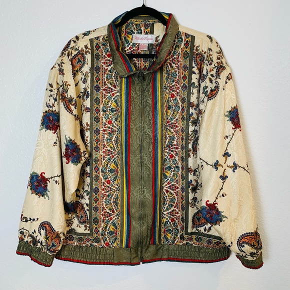 Rhoda Lynne Jackets & Blazers - Rhoda Lynne Vintage Silk Bomber Jacket XL Paisley Floral Full Zip Up Coat Boho